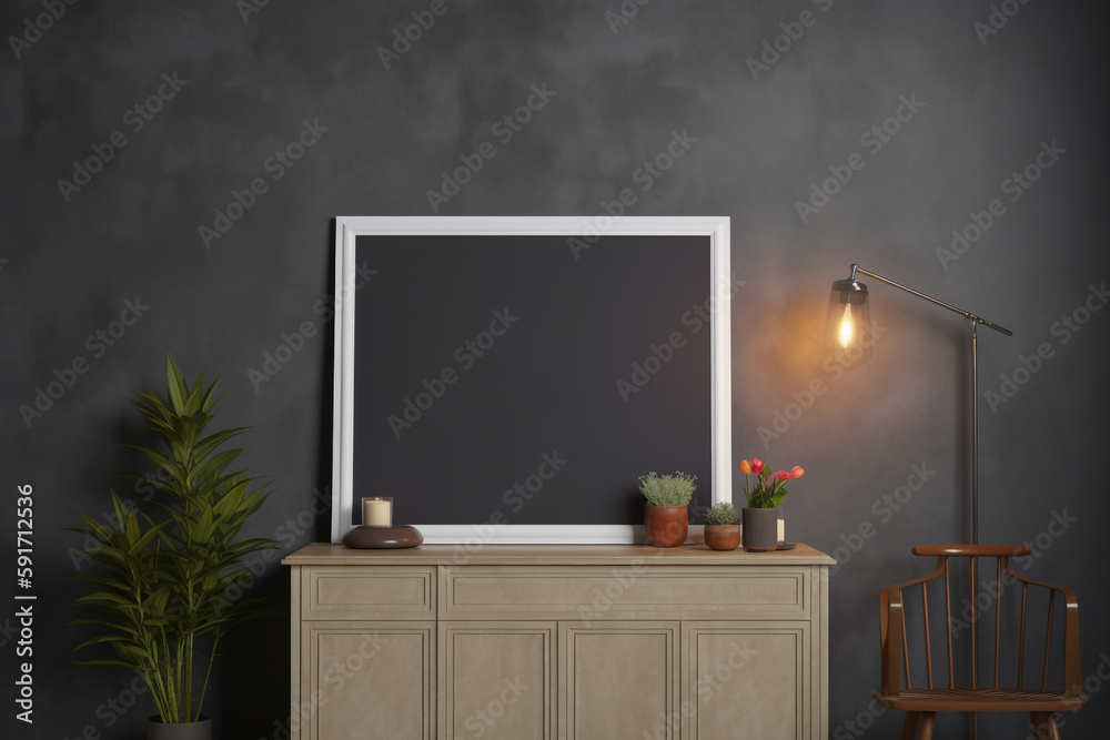 Mockup frame on a cabinet in a living room interior on empty dark wall ...