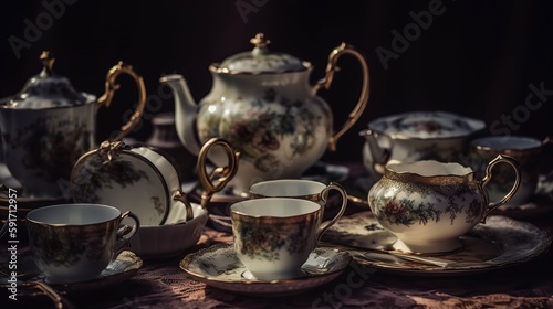 teapot and cups on the table. Generative AI 