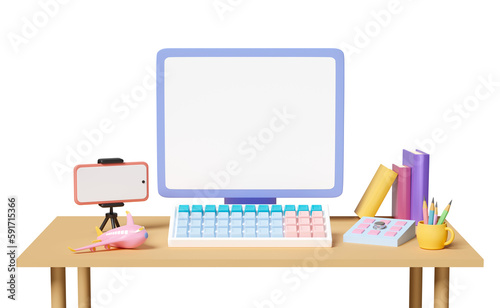 3d laptop computer on table with blank screen, keypad, mobile phone, smartphone in room. online video live streaming, communication applications, notification message, 3d render