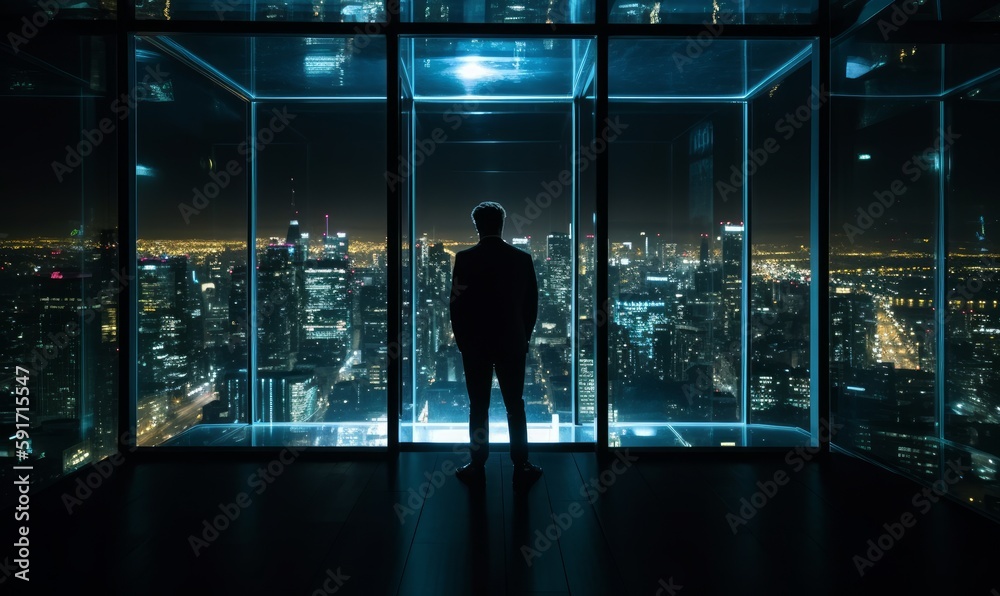 A man standing in front of windows to view city at night A man standing in front of windows to view city at night