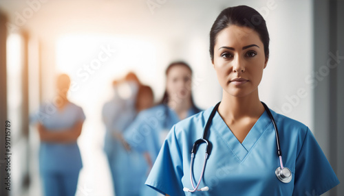 Confident Female Healthcare Worker in Blue Scrubs
