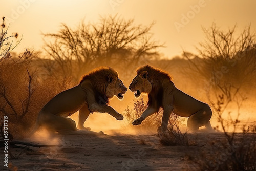 Two lion fighting and attacking on each other, generative AI