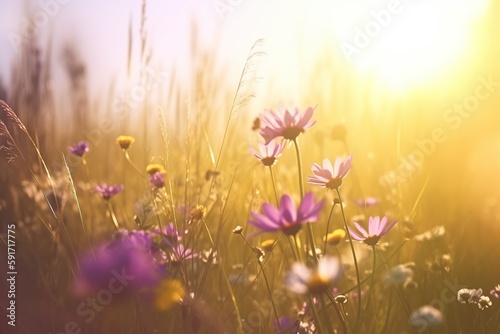 Belo fundo colorido de flores naturais da primavera de verão na forma de um banner. Flores silvestres e dentes-de-leão amarelos em um dia ensolarado com belo bokeh
