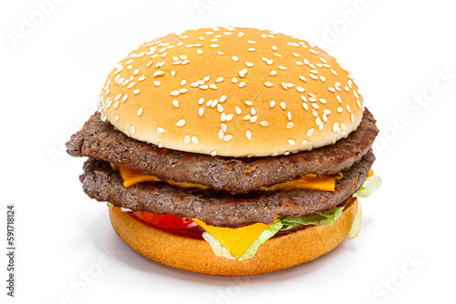 double cheeseburger with meat, lettuce, tomato and onion on white background
