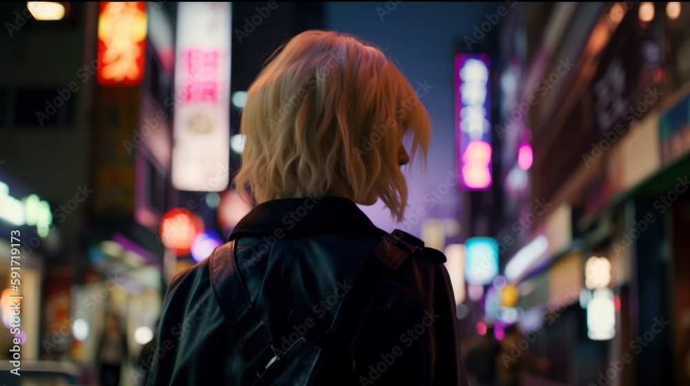 Obraz premium portrait of a short hair girl from behind looking at a city full of neon street light adverts, crowded at blurred background, neon red and blue colors, Japanese signs, generative ai