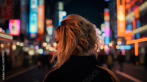 portrait of a short hair blonde girl from behind looking at a city full of neon street light adverts, crowded at blurred background, neon red and blue colors, Japanese signs, generative ai