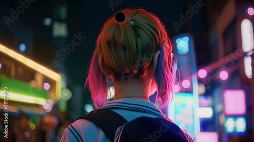 portrait of a short hair girl from behind looking at a city full of neon street light adverts, crowded at blurred background, neon red and blue colors, Japanese signs, generative ai