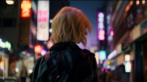 portrait of a short hair girl from behind looking at a city full of neon street light adverts, crowded at blurred background, neon red and blue colors, Japanese signs, generative ai