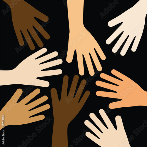 hands diversity muticolor multiethnic together black background