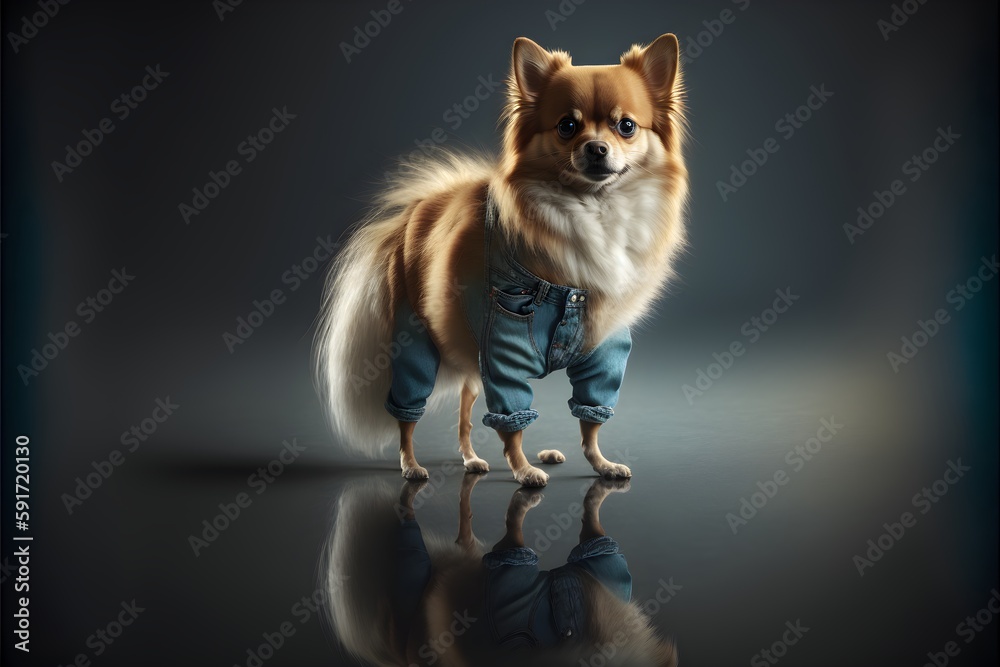red and gol Pomeranian Chihuahua mix wearing relaxed fit blue jeans Surrealism Cinematic Full body Wide angle  - obrazy, fototapety, plakaty 