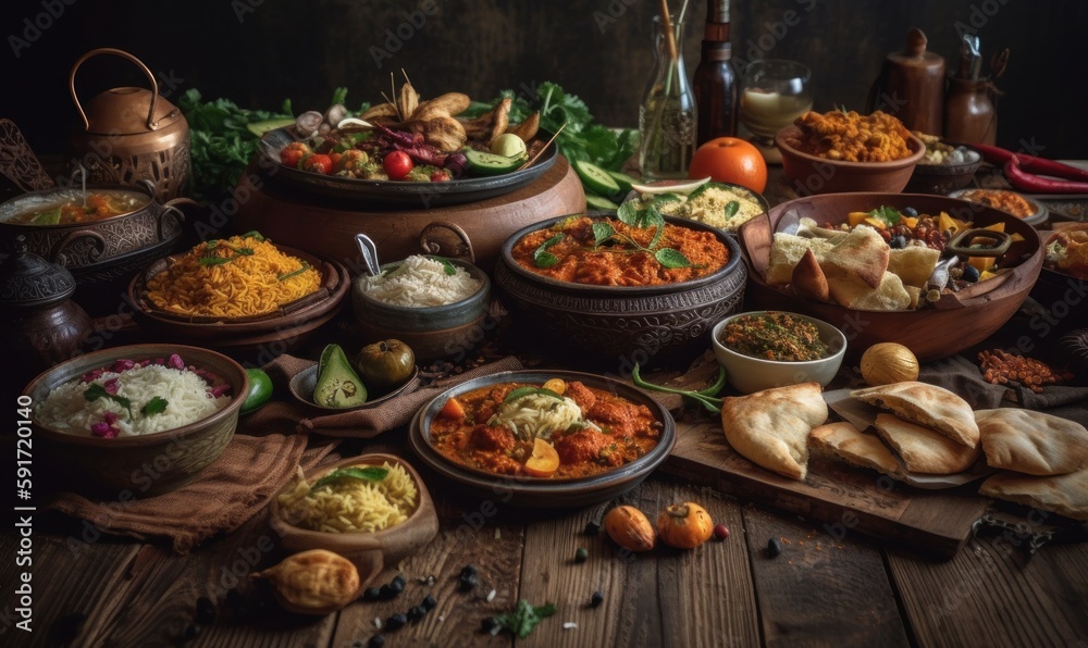 Assorted indian food on dark wooden background. Dishes and appetizers of indian cuisine. Curry, butter chicken, rice, lentils, paneer, samosa, naan, chutney, spices