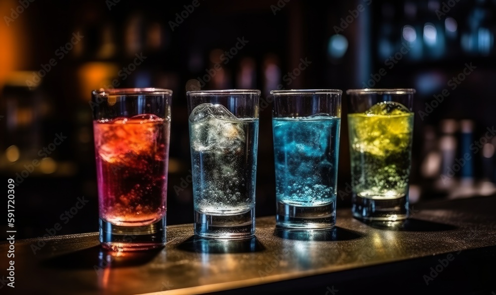 Colorful mixology, ice cubes, bar atmosphere Colorful mixology, ice cubes, bar atmosphere