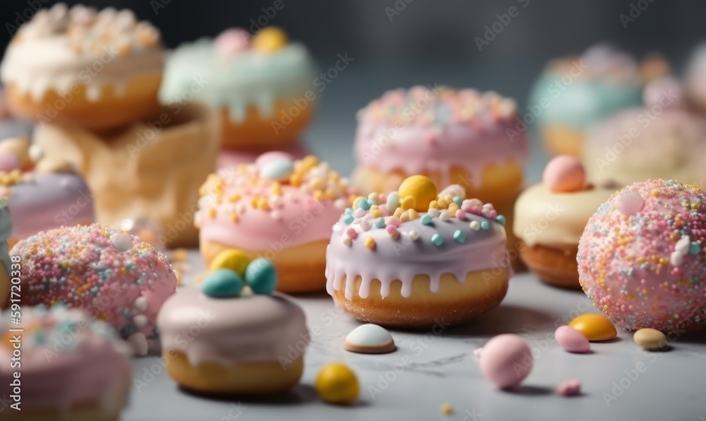 Pastel colored cupcakes, donuts and candies. Sweet food, pastel tone background