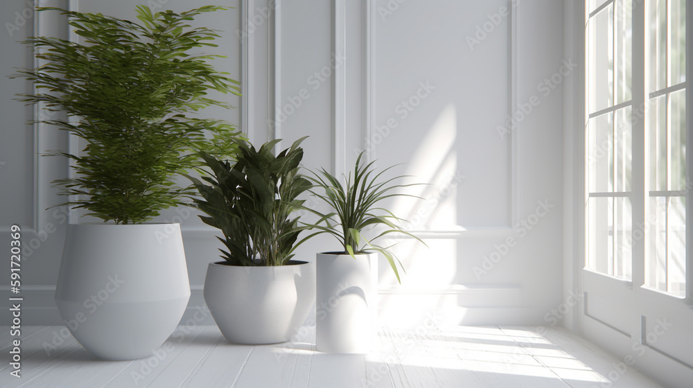 観葉植物と白壁が外光に照らされた美しい昼下がりの部屋