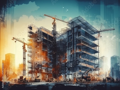 Construction site with cranes, engineering structure drawing, engineering architecture