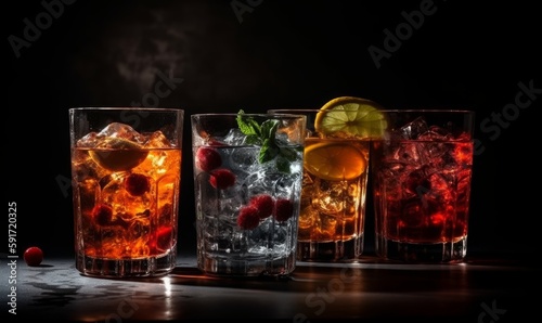 Colorful mixology, ice cubes, bar atmosphere