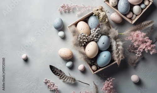 Easter background with spring flowers, eggs, feathers, gift boxes on light grey background top view 