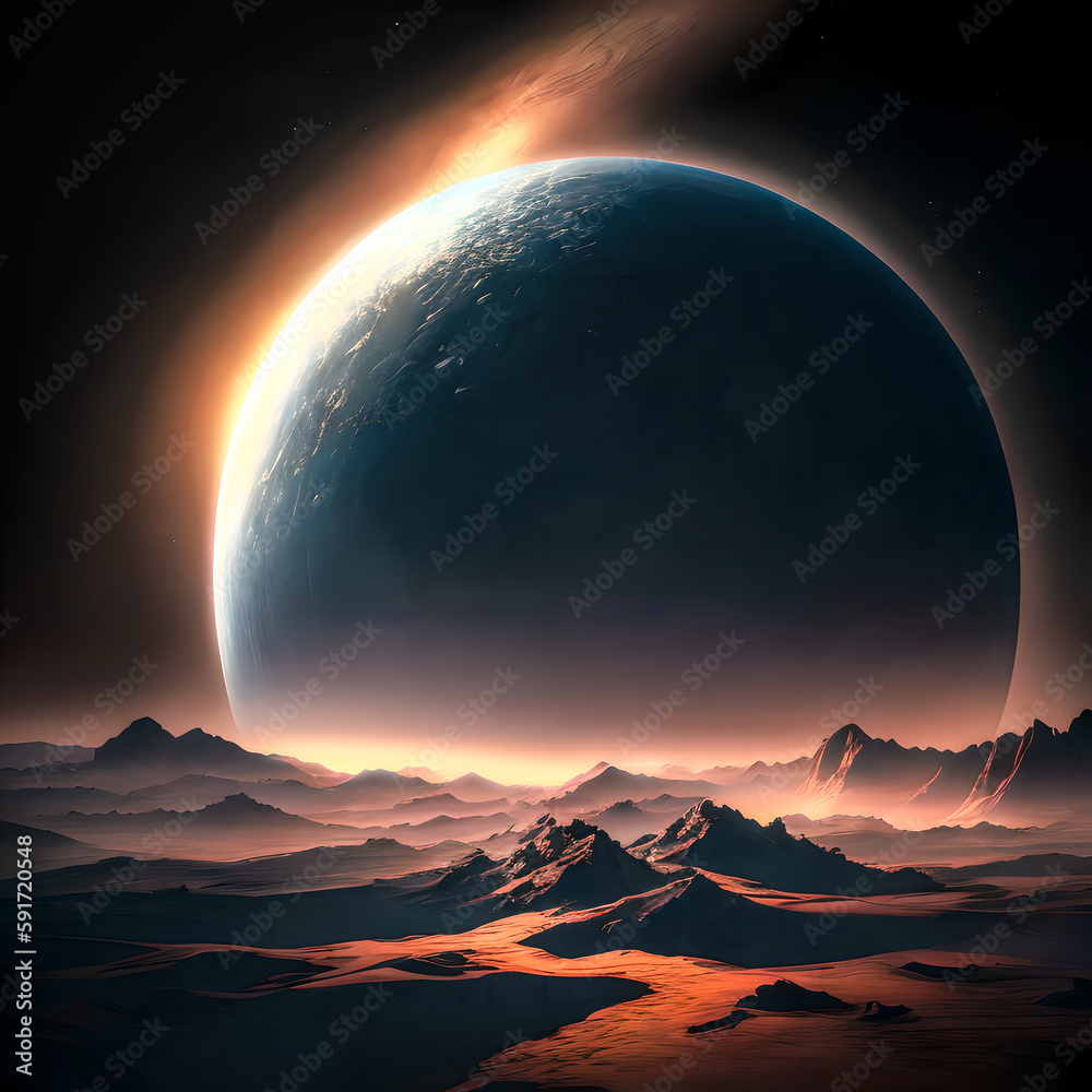 Science fiction themed image of a planet in the sky over the horizon. Generative AI.