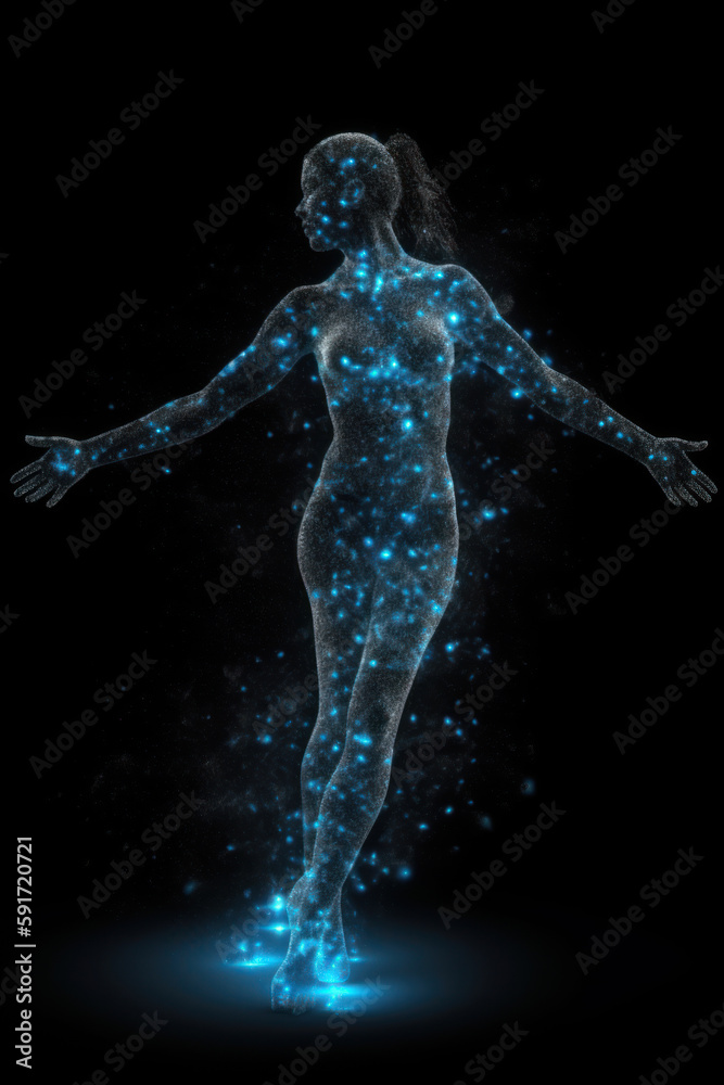 Obraz premium Sculpture of a beautiful girl in full growth from luminous small particles of stardust. AI generation