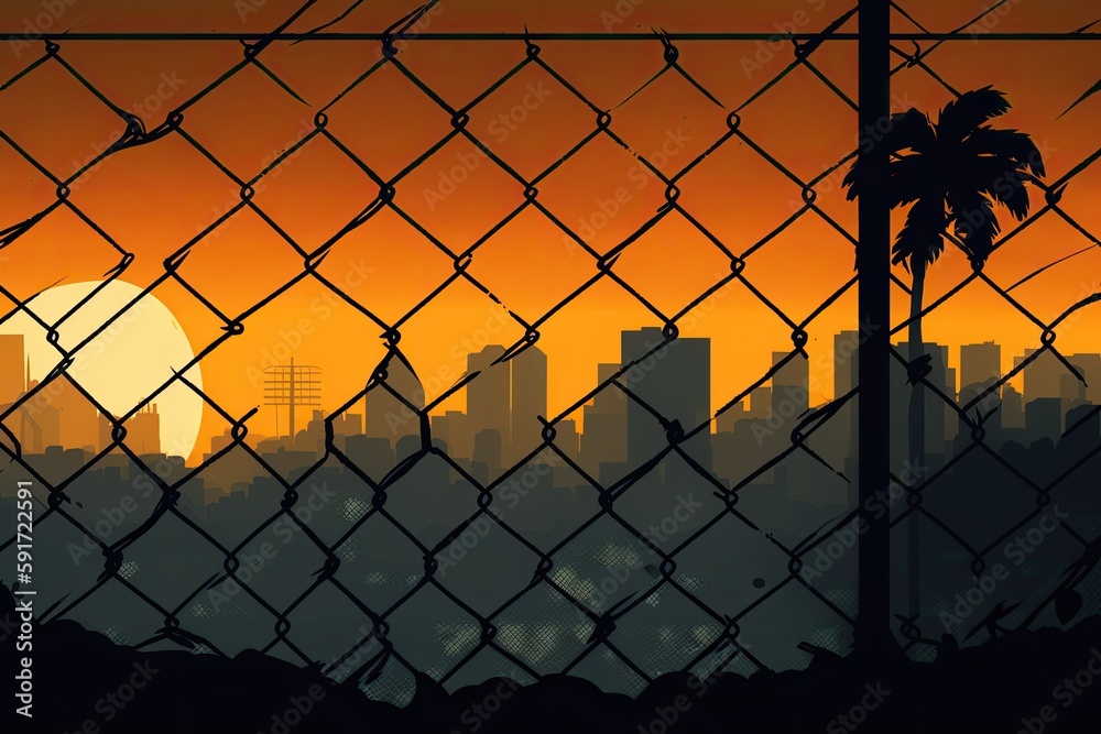 cityscape as seen through a chain link fence. Generative AI cityscape as seen through a chain link fence. Generative AI