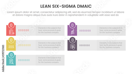 dmaic lss lean six sigma infographic 5 point stage template with long rectangle box grey background concept for slide presentation