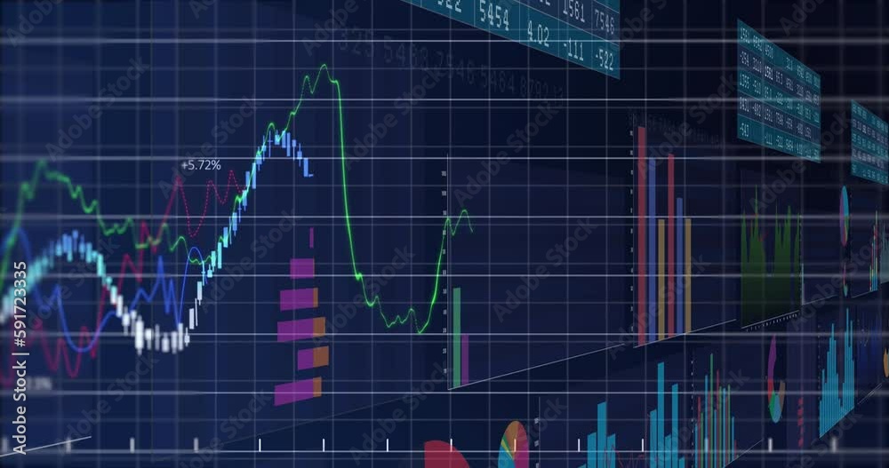 Animation of financial and statistical data processing over grid network against blue background Animation of financial and statistical data processing over grid network against blue background