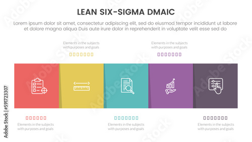 dmaic lss lean six sigma infographic 5 point stage template with square box right direction information concept for slide presentation
