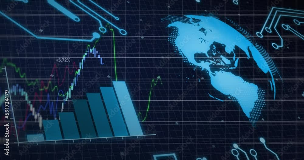 Animation of spinning globe over statistical and financial data processing against blue background Animation of spinning globe over statistical and financial data processing against blue background
