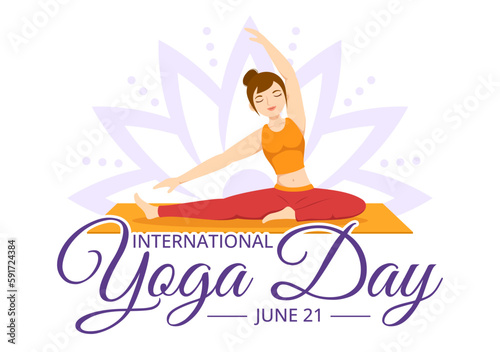 International Yoga Day Illustration on June 21 with Woman Doing Body Posture Practice or Meditation in Healthcare Flat Cartoon Hand Drawn Templates