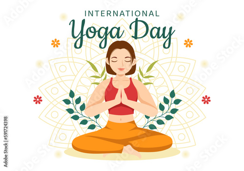 International Yoga Day Illustration on June 21 with Woman Doing Body Posture Practice or Meditation in Healthcare Flat Cartoon Hand Drawn Templates