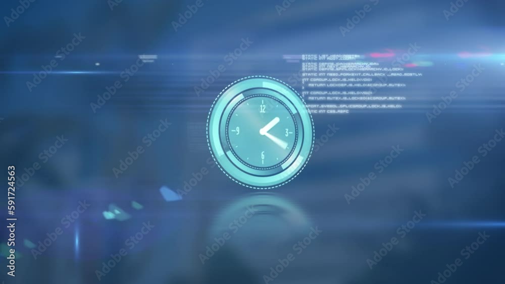 Animation of neon ticking clock, data processing and light spot against tall building Animation of neon ticking clock, data processing and light spot against tall building