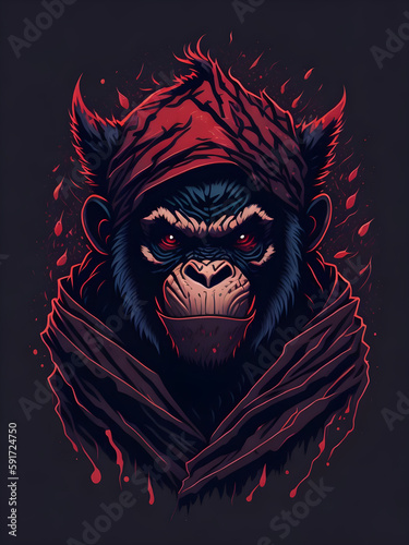 Evil ninja chimpanzee with t-shirt design, generative ai
