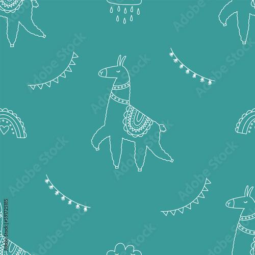 Seamless pattern with cute llamas in doodle style. Lovely vector illustration, background design, suitable for textiles, wrapping paper, packaging for kids and adults.