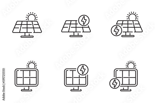 Set of solar panel icons in line style isolated on white background