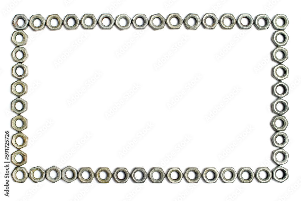 Frame of iron nuts on a white background. Horizontal straight-angled frame of nuts. Frame of iron nuts on a white background. Horizontal straight-angled frame of nuts.