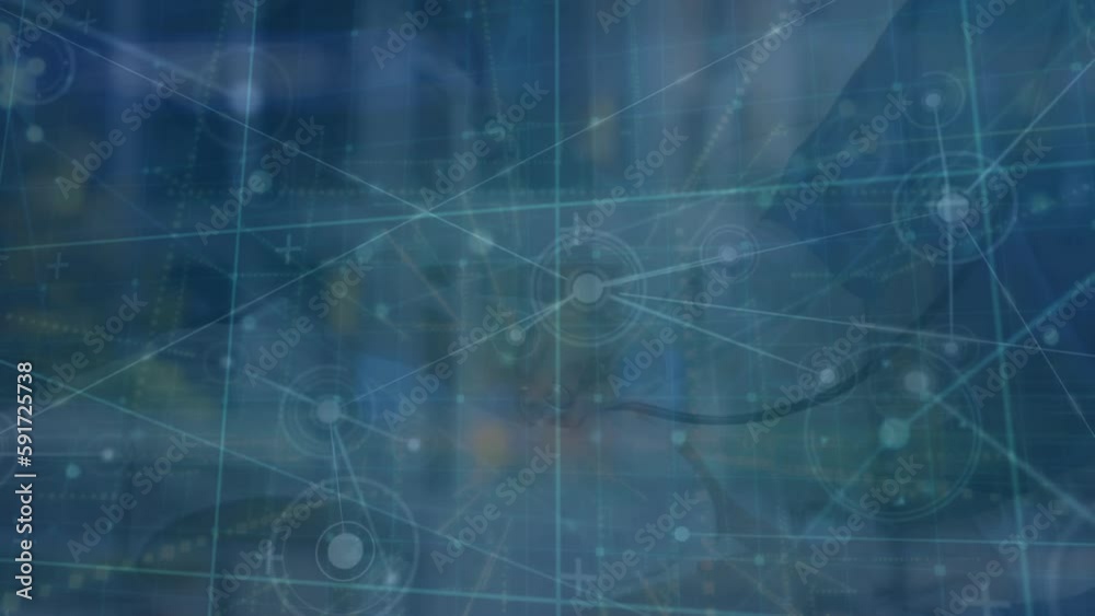 Animation of network of connections over grid network against doctor examining a patient Animation of network of connections over grid network against doctor examining a patient