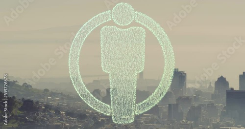Animation of dots forming male restroom icon in circle over aerial view of mountain and city