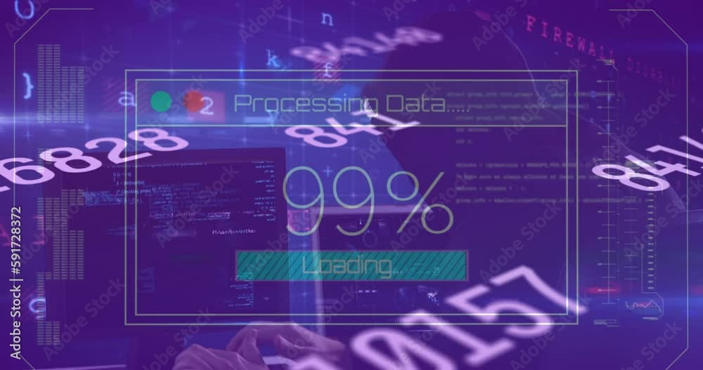 Animation of texts, changing numbers and loading bar over computer language on abstract background Animation of texts, changing numbers and loading bar over computer language on abstract background