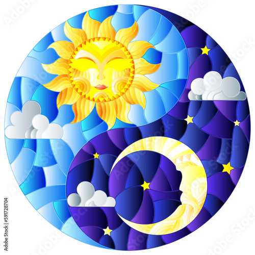 Illustration with sun and moon on sky background in the form of Yin Yang sign, circular image