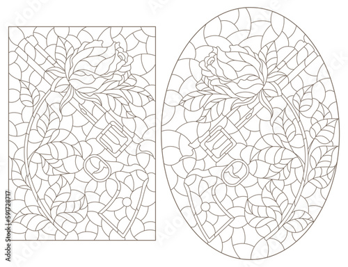 A set of contour illustrations in the style of stained glass with compositions of revolvers and roses, isolated on a white background