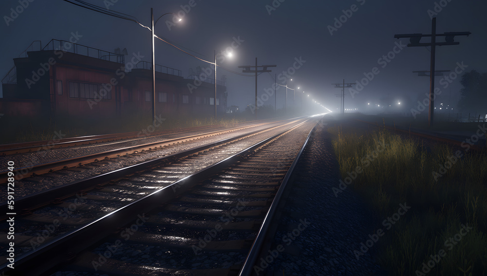 The dry track by night is illuminated at night, in the style of vray tracing, Generative Ai