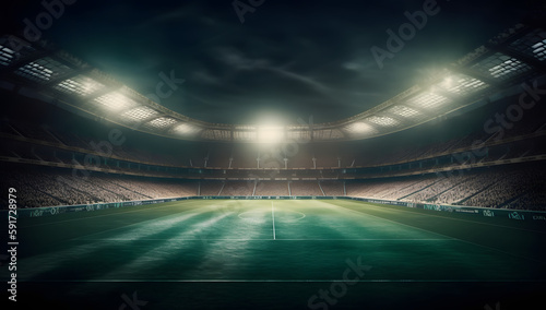 The sports stadium with the lights on at night, in the style of light emerald and dark bronze, Generative Ai © Régis Cardoso