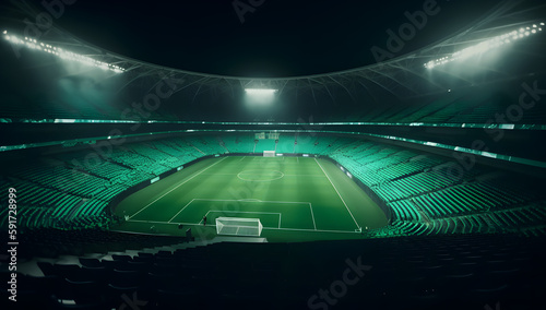 A stadium at night with light shining on it, in the style of light emerald and light black, Generative Ai