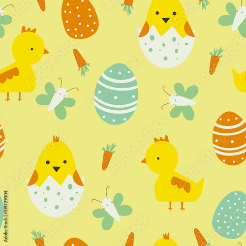 Easter seamless pattern in cartoon style. Colorful childish doodle with eggs, birds and flowers. Creative baby texture for fabric, paper.