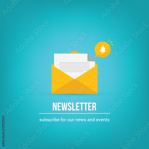 Newsletter. vector illustration of email marketing. subscription to newsletter, news, offers, promotions. a letter and envelope. subscribe, submit. send by mail.	
