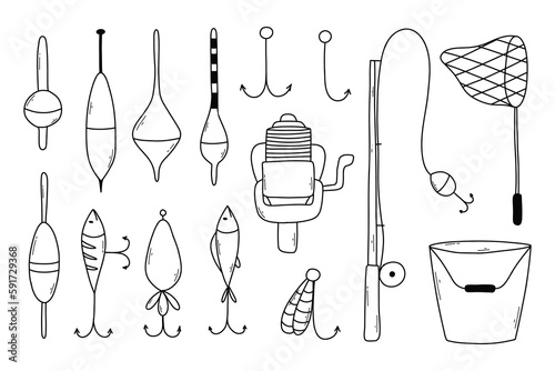 Set of elements for fishing.Collection of tackle and lures for fishing. vector illustration. Doodle style. Bright set for summer fishing.