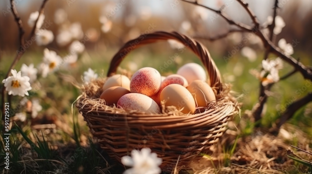 Easter eggs in a basket on a pink background Easter eggs in a basket on a pink background