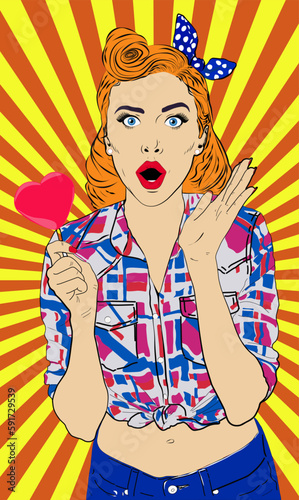 WOW! Very surprised or shocked woman with head shape lollipop, dressed in pinup style. Retro fashion and vintage concept vector illustration.