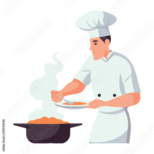 Chef cooking gourmet meal in commercial kitchen