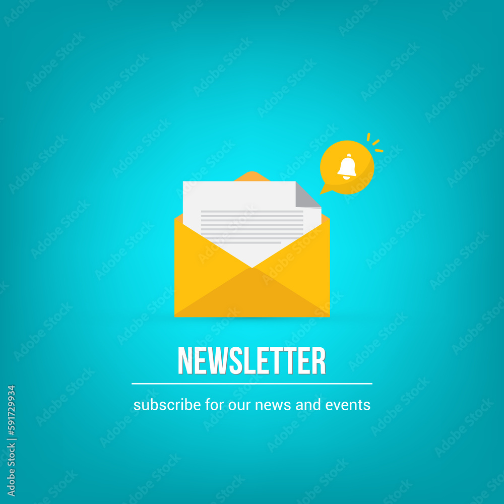 Newsletter. Illustration of email marketing. subscription to newsletter, news, offers, promotions. a letter and envelope. subscribe, submit. send by mail.	